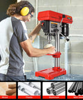 Built Tough 8 Inch Benchtop Drill Press With Precision Laser Guide And Bright LED Illumination, 5 Variable Speeds From 620 To 3100 Rpm in use.