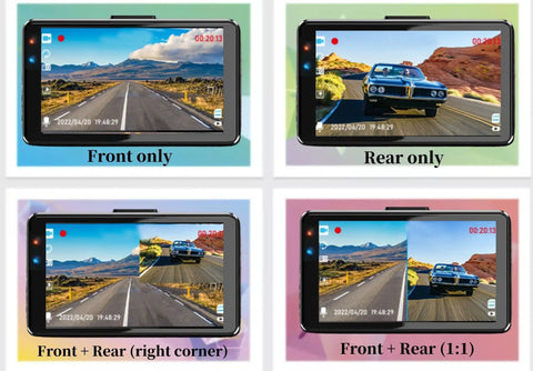 Dual Front And Rear Dash Cam For Cars With 1080P Resolution, 32GB Card Included, displaying front and rear footage split view