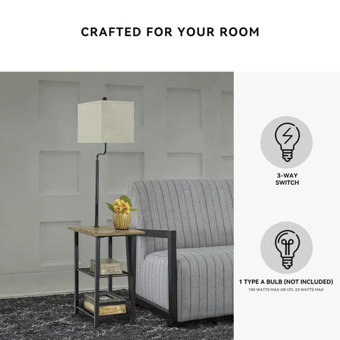 Do It All Metal Floor Lamp And End Table With Built In Surface And Two Fixed Storage Shelves Industrial Casual Black Finish Perfect Living Room Light Side Table And Easy Organizer next to grey sofa