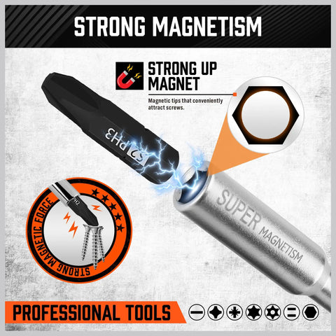 Pro Grade Tamper Resistant Torx Bit Set with magnetic tip demonstrating strong magnetism.