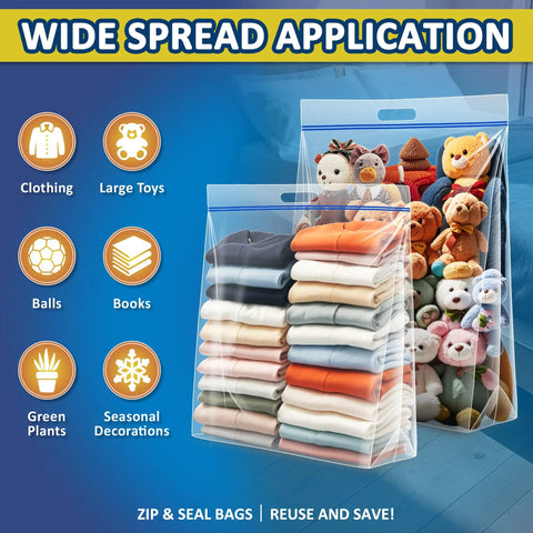 25 Gallon Extra Large Resealable Storage Bags With Zipper Top, organized with clothes and toys, showcasing wide application.