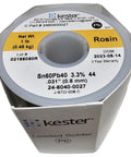 66/44 Rosin Core Solder.031 Inch Diameter 1 Pound Spool For Electronics Sn Pb 60/40 Flux Core Wetting Great For Through Hole And Surface Mount DIY And Professional Repairs showing close-up of Kester packaging with technical details.