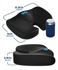 Memory Foam Seat Cushion For Office Chairs And Cars, Doctor Recommended Ergonomic Comfort For Tailbone Pain Relief And Sciatica, All Day Sit Comfort, Large, Black with size dimensions and U cutout.
