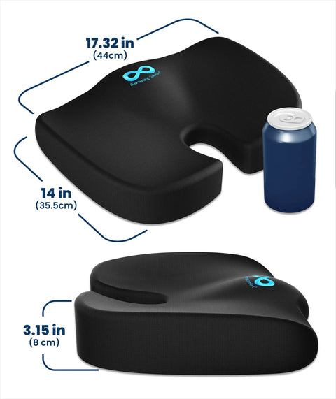 Memory Foam Seat Cushion For Office Chairs And Cars, Doctor Recommended Ergonomic Comfort For Tailbone Pain Relief And Sciatica, All Day Sit Comfort, Large, Black with size dimensions and U cutout.
