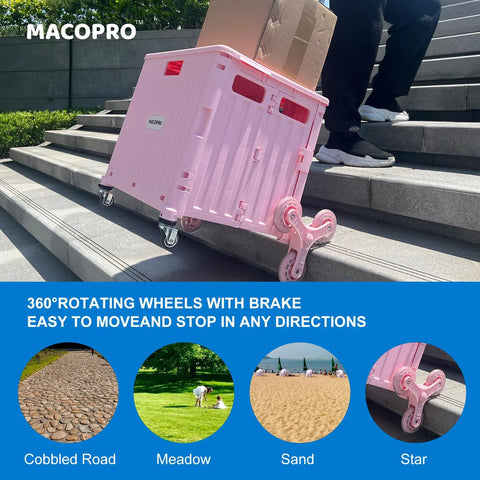 Foldable Utility Cart With Stair Climbing Wheels Telescoping Handle And Collapsible Rolling Trolley Pink For Grocery Shopping