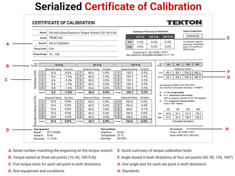 Certificate of Calibration for 3/8 Inch Drive 90 Tooth Flex Head Dual Direction Electronic Torque Wrench 10 To 100 Ft Lb With Case