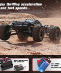 Fast Off Road RC Car 1/12 Scale 4WD Brushless Truck kicking up dust on rugged terrain, showcasing wheels and shocks.