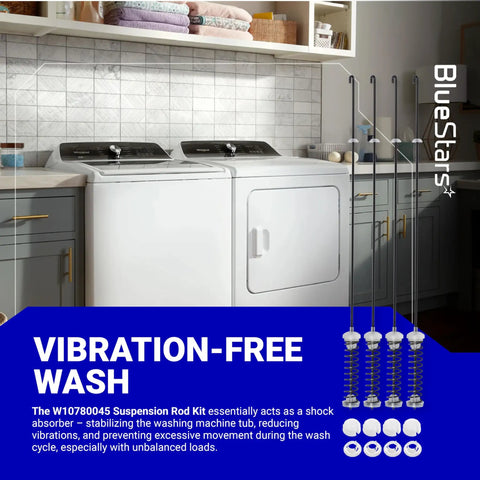 Upgraded Washer Suspension Rod Replacement Kit W10780045 displayed in kitchen with washer and dryer setup