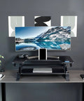 36 Inch Height Adjustable Desk Converter Sit To Stand Riser With Dual Monitor Support, Large 91 Cm Surface, V Series desk set up.
