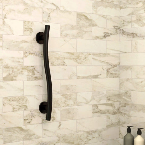 Wave Grab Bar One And A Quarter Inch Diameter And Sixteen Inch Length In Oil Rubbed Bronze ADA Compliant Stainless Steel Eighteen Gauge Wall Mounted Grab Bar For Shower Or Tub Versatile Vertical Or Horizontal Install No Slip Grip