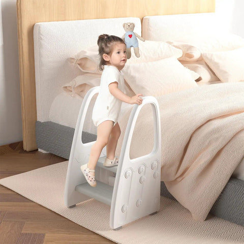 Top Tier Two Step Toddler Stool For Bathroom Sink And Kitchen Counter With Kiddo Friendly Handrails And Rock Solid Non Slip Base Offering Zero Hassle Potty Training Booster For Little Ones Gray