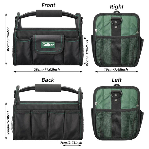 Solid 11 Inch Open Top Tool Tote With 21 Slick Pockets Built For Electricians And Contractors Durable 1680D Oxford Canvas Work Bag Sporting Stainless Steel Handle And Comfy Adjustable Strap For The Daily Grind And Quick Gear Grab Black Green