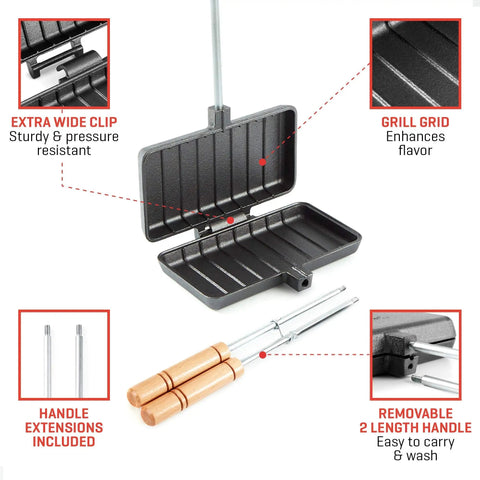 XL Cast Iron Pie Iron Sandwich Maker For Campfire Cooking with removable handle, grill grid, and extra wide clip.