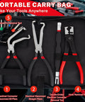 5 Piece Electrical Disconnect Pliers Set With Knuckle Friendly Textured Grips For Extracting Car Terminal Pins And Wire Terminals, portable carry bag with pliers and tools.