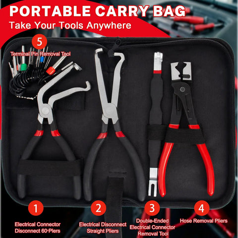 5 Piece Electrical Disconnect Pliers Set With Knuckle Friendly Textured Grips For Extracting Car Terminal Pins And Wire Terminals, portable carry bag with pliers and tools.