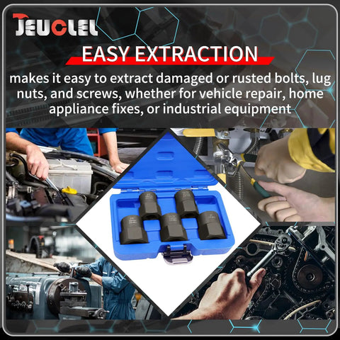 Heavy Duty 5-Piece Bolt Extractor Set 1/2 Drive Easy Out Nut And Bolt Remover shown in blue case with tools in use