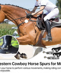 Rugged Western Cowboy Spurs With Belts For Men stainless steel spurs on rider's boots with engraved pattern, adjusting leather straps.