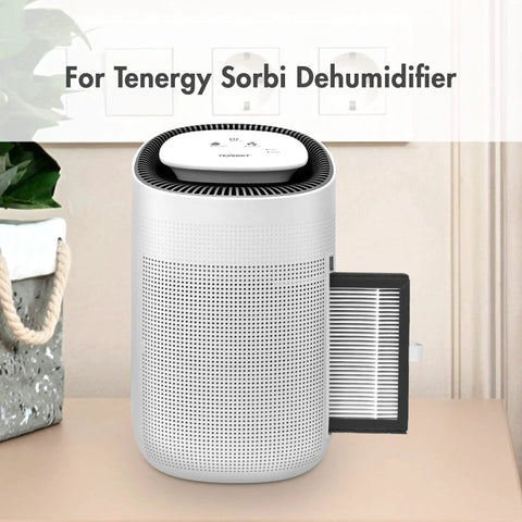 Replacement H13 True HEPA Filter For Sorbi Dehumidifier shown with unit capturing dust and allergens indoors