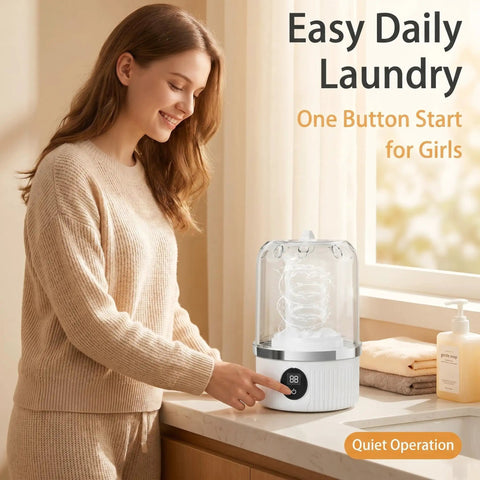 Pocket Sized Rechargeable Mini Washing Machine Wash Your Damp Threads With Ease For Gym Kits Socks Undies And Baby Rags Quick Travel Laundry Hack Compact Backpack Friendly Spin Cycle Fast Rinse Mode, compact design in a modern setting.