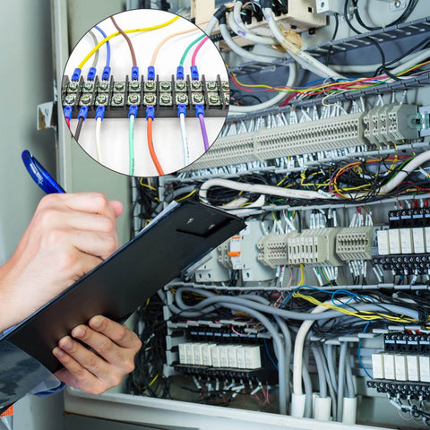 Person checking control panel wiring with Dual Row Terminal Block Kit, 2 Pack, 4 Circuits, 20-30A, 200V-450V installed.