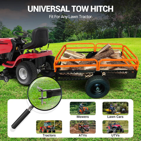 Beast Utility Dump Cart With 1600 Lb Capacity loaded with logs attached to a lawn tractor in a garden, removable sides visible