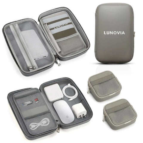 Knock Off Cable Tangles Grab And Go Hard Shell Tech Organizer With Removable Pouches for chargers and mouse, gray, compact design.
