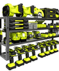 Front view of Beefy 32 Inch Heavy Duty Power Tool Organizer Wall Mount With Four Layers And Eight Drill Holders Metal Cordless Tool Storage Up To 420 Lbs With Screwdriver Holder Utility Racks For Garage Workshop Pegboard Shed.