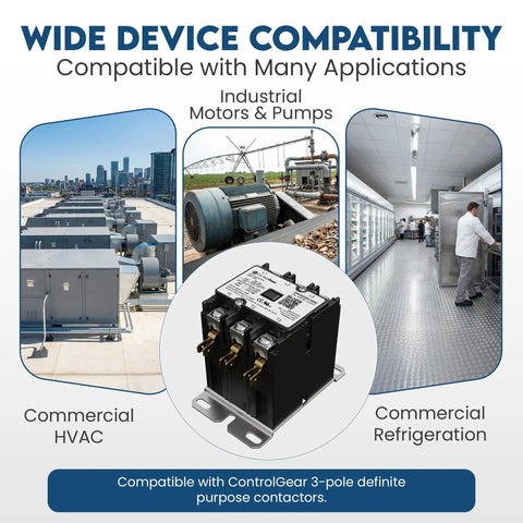 Wide device compatibility for Three Pole 120V Coil Definite Purpose Contactor For HVAC With 30 Amp Rating UL Recognized.