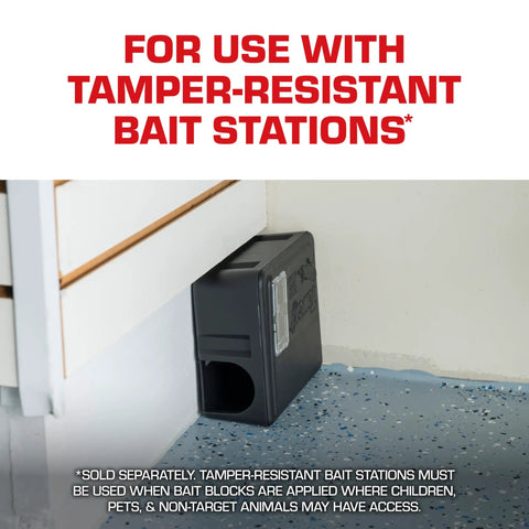Tamper-resistant bait station for Proven Heavy Hitter Bromethalin Mouse And Rat Bait Blocks in indoor setting.