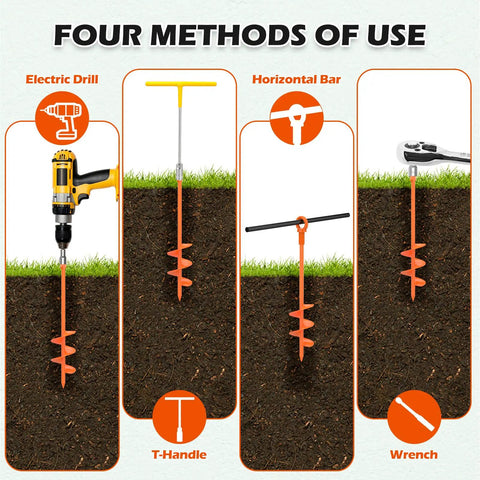 Diagram showing four methods to install 4 Pack 18 Inch Fully Welded Ground Anchors Kit With One Eighth Inch Galvanized Cable using drill, T-handle, bar, wrench.