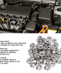 50 Piece Stainless Steel Flange Nut Set A2 70 DIN1587 next to car engine, showcasing rustproof locking nuts for M3 to M12 bolts