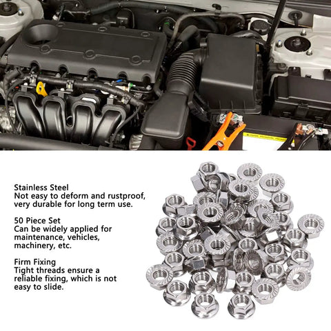 50 Piece Stainless Steel Flange Nut Set A2 70 DIN1587 next to car engine, showcasing rustproof locking nuts for M3 to M12 bolts