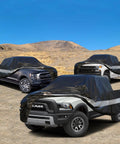 All Weather Truck Cover Up To 210 Inches covering Ford F100, Chevy C10, Ram 1500 in outdoor desert setting.