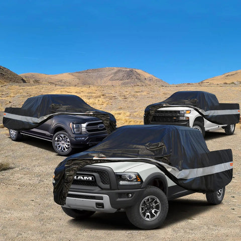 All Weather Truck Cover Up To 210 Inches covering Ford F100, Chevy C10, Ram 1500 in outdoor desert setting.