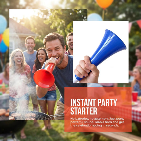 Person using Six Pack Stadium Horns Vuvuzelas Extendable Eleven Inch Plastic Noise Makers For Game Day Tailgates Deep Roar