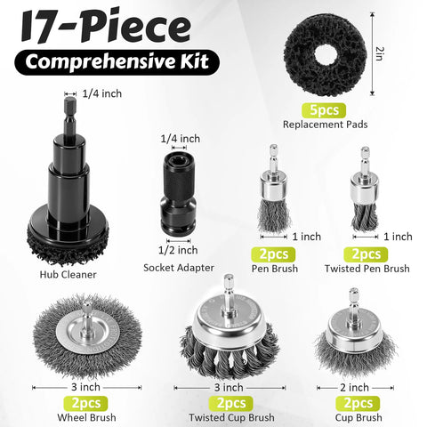 17 Piece Wheel Hub Cleaning Kit with drill brushes and polishing pads labeled with sizes and types for rust removal.