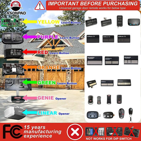 Comparison chart of garage door openers with learn buttons and remotes, includes GUKR Universal Wireless Keypad For Genie Overhead Door LiftMaster Chamberlain Sears Craftsman And More Garage Door Openers Plus Long Battery Life Easy Install 100000 Tests Works With Intellicode And Dip Switch Opener Systems.
