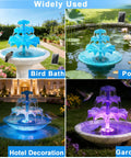 Sun Powered 3 Tier Solar Fountain Pump With LED Lights in bird bath, pond, hotel, and garden settings.