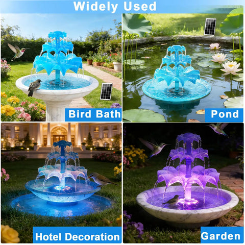 Sun Powered 3 Tier Solar Fountain Pump With LED Lights in bird bath, pond, hotel, and garden settings.