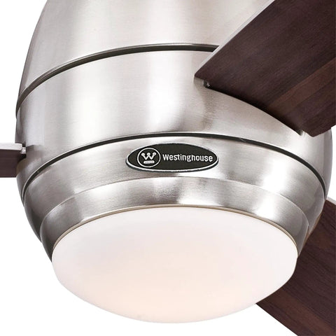 Close-up of a 44 Inch Oil Rubbed Bronze Indoor Outdoor Ceiling Fan With Dimmable LED Light Kit, Frosted Opal Glass, Remote Control, Reversible Dark Cherry Mahogany Blades, Big Room Ready