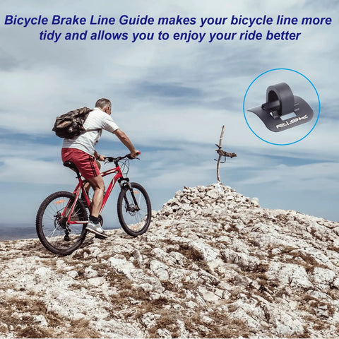 Cyclist riding mountain bike; inset shows Alloy Bike Cable Guides Kit With 6 Sets Base And Clip For Bicycle Brake Shifter Derailleur Cables