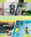 Heavy Duty Submersible Sump Pump 1 HP 4000 GPH Electric Thermoplastic Utility Pump for Basement and Crawl Space Drainage shown in flooded house, garden irrigation, garden pond, and swimming pool.
