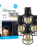 Vintage Style LED Night Light 4 Pack, Plug In Dusk To Dawn Sensor, Farmhouse Mood Lighting, Black Finish, packaging and night lights