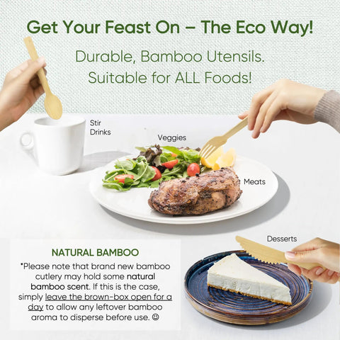 250 Count Bamboo Cutlery Set Disposable And Compostable Utensils, 100 Percent Natural, Plastic Free, BPA Free, Non Toxic, Food Grade For Kids And Adults, Go-To Eco Friendly Everyday Use in use with meals and dessert