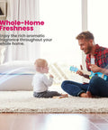 Father playing guitar for baby in living room, promoting Gardenia Scent Whole Home Air Freshener That Attaches To Furnace Or Air Conditioner Filter 0.8 Ounce Pack Of 1 Easy To Install Lasts For Days Fresh Smell For Every Room In Your Home.