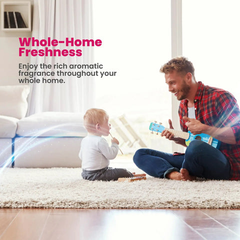 Father playing guitar for baby in living room, promoting Gardenia Scent Whole Home Air Freshener That Attaches To Furnace Or Air Conditioner Filter 0.8 Ounce Pack Of 1 Easy To Install Lasts For Days Fresh Smell For Every Room In Your Home.
