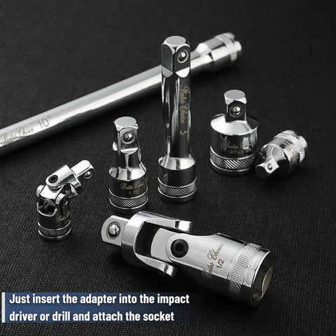 Socket Accessory Kit Ten Piece Chrome Vanadium Extension And Universal Joint Set With One Quarter, Three Eighths, And One Half Inch Drive Adapters, And Three Eighths Inch Extension, Silver Finish For Real World Heavy Duty Tool Work, displayed on black background