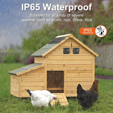 Wooden chicken coop with solar powered fan kit on roof under rainy weather, showcasing IP65 weatherproof feature.
