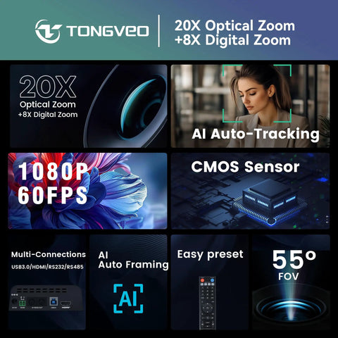 Smart PtZ Camera With 20x Optical Zoom And AI Auto Tracking Offers Crisp 1080p 60fps HDMI USB Output features zoom and AI tracking.