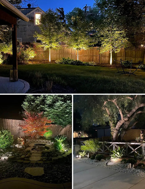 Dope 12 Pack 12W Low Voltage LED Landscape Lights With Connectors illuminating garden, trees, and paths at night